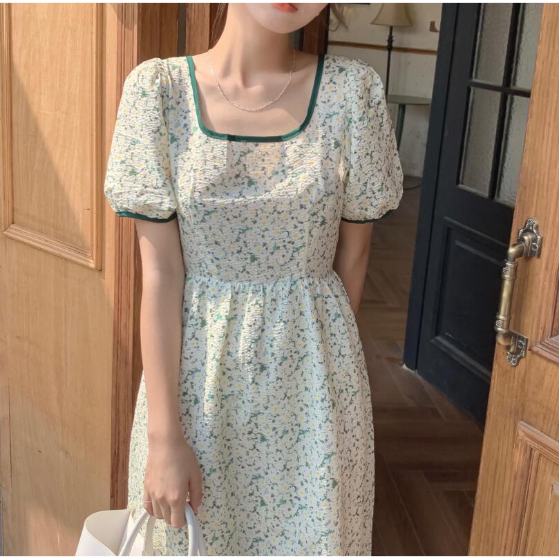 พร้อมส่ง-flora-puff-dress-c3073-เดรสยาวลายดอก-เดรสยาวลายดอกโบว์หลัง