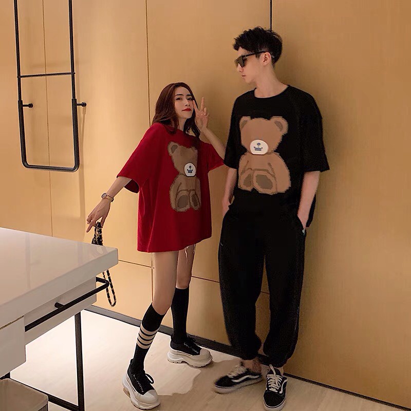 korean-unisex-brown-bear-couple-short-sleeved-loose-t-shirt-for-men-women-in-2-colors