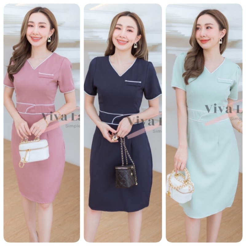 V74 ชุดเดรสทำงาน สวยหวาน งานเลอค่า ซับในทั้งชุด (ผ้าโซล่อนหรือไหมญี่ปุ่น)