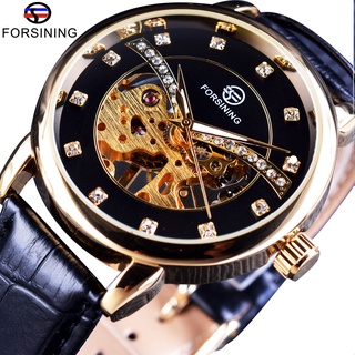 Forsining 2017 Diamond Display Transparent Case Fashion Casual Golden Mechanical Skeleton Watch Top Brand Luxury Men Wri