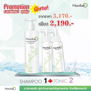 แชมพูสมุนไพรฮาวิล่าห์ 1 ขวด (300 ml)+แฮร์โทนิค 100 ml 2 ขวด ช่วยเพิ่มผมหนา ปกป้องผมขาดร่วง