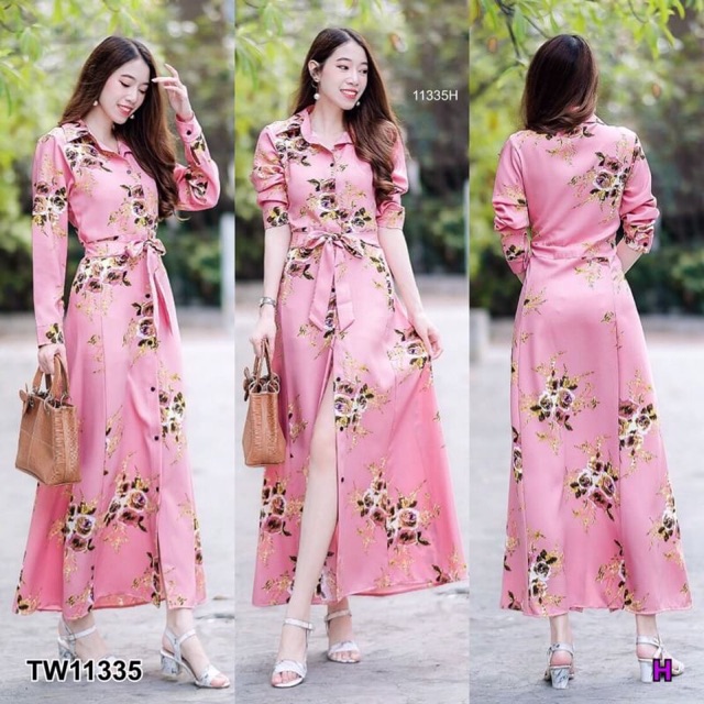 pe11335-maxi-dress-shirt-เดรสเชิ้ตยาวติดกระดุมหน้า-มีเชือกผูกเอว-เนื้อผ้าโฟเวย์พิมพ์ลายดอกกุหลาบ