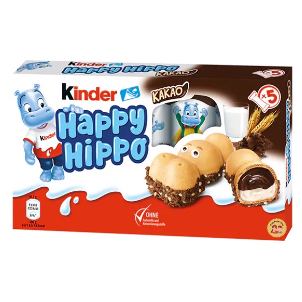 kinder-happy-hippo-คินเดอร์ฮิปโป-เวเฟอร์สอดไส้ช็อกโกแลตและครีมนมรูปฮิปโป-บรรจุ-5-ชิ้น