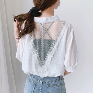 เสื้อ♧✺✸European station back lace shirt Women s short-sleeve 2020 summer new style V-neck Loose-fitting mesh &lt;