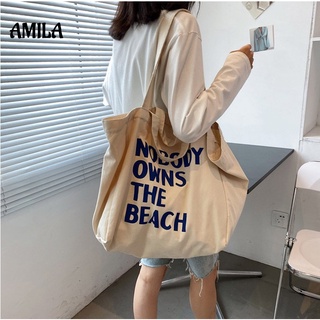 AMILA กระเป๋าผ้าใบหญิงไหล่ข้างหนึ่งเรียบง่ายสีพิมพ์ตัวอักษรความจุสูงกระเป๋าช้อปปิ้งแบบพกพา