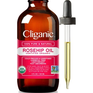 Cliganic 100% Pure &amp; Natural Certified Organic Rosehip Oil 4 fl oz (120 ml) น้ำมันโรสฮิป ออแกนิก บริสุทธิ ธรรมชาติ 100%