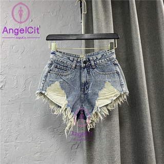 Angelcity ※ กางเกงยีนขาสั้น เอวต่ํา แต่งรอยขาด เซ็กซี่ สไตล์ยุโรป และอเมริกา สําหรับผู้หญิง