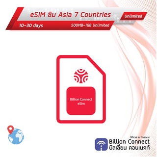 eSIM Asia 7 Countries Sim Card Unlimited 500MB-1GB Daily: ซิมเอเชีย 10-30 วัน by ซิมต่างประเทศ Billion Connect