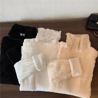 ☏﹉❡เสื้อลูกไม้ bottoming กับเสื้อผ้าฤดูหนาวเสื้อสวมหัวคอสูงบางและบางใหม่บวกเสื้อกำมะหยี่แขนยาวเบาะผู้หญิง