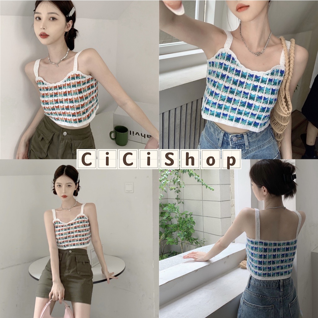 cicishop-a566-croptop-เสื้อสายเดี่ยวครอปไหมพรมถัก-ทอสีทูโทนสไตล์โคเรีย