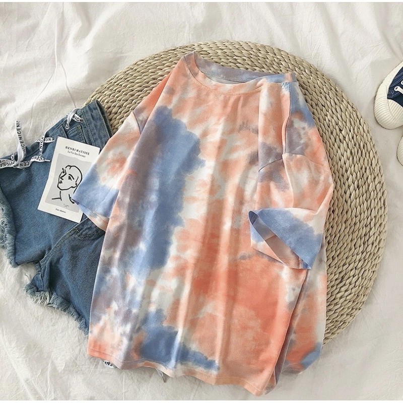 พร้อมส่ง-เสื้อมัดย้อม-ลายมัดย้อม-ทรงoversize-ผ้าไม่ยับไม่ย้วย-ไม่ต้องรีด-คอกลม-สไตล์เกาหลี-สีพาสเทล-น่ารักๆ