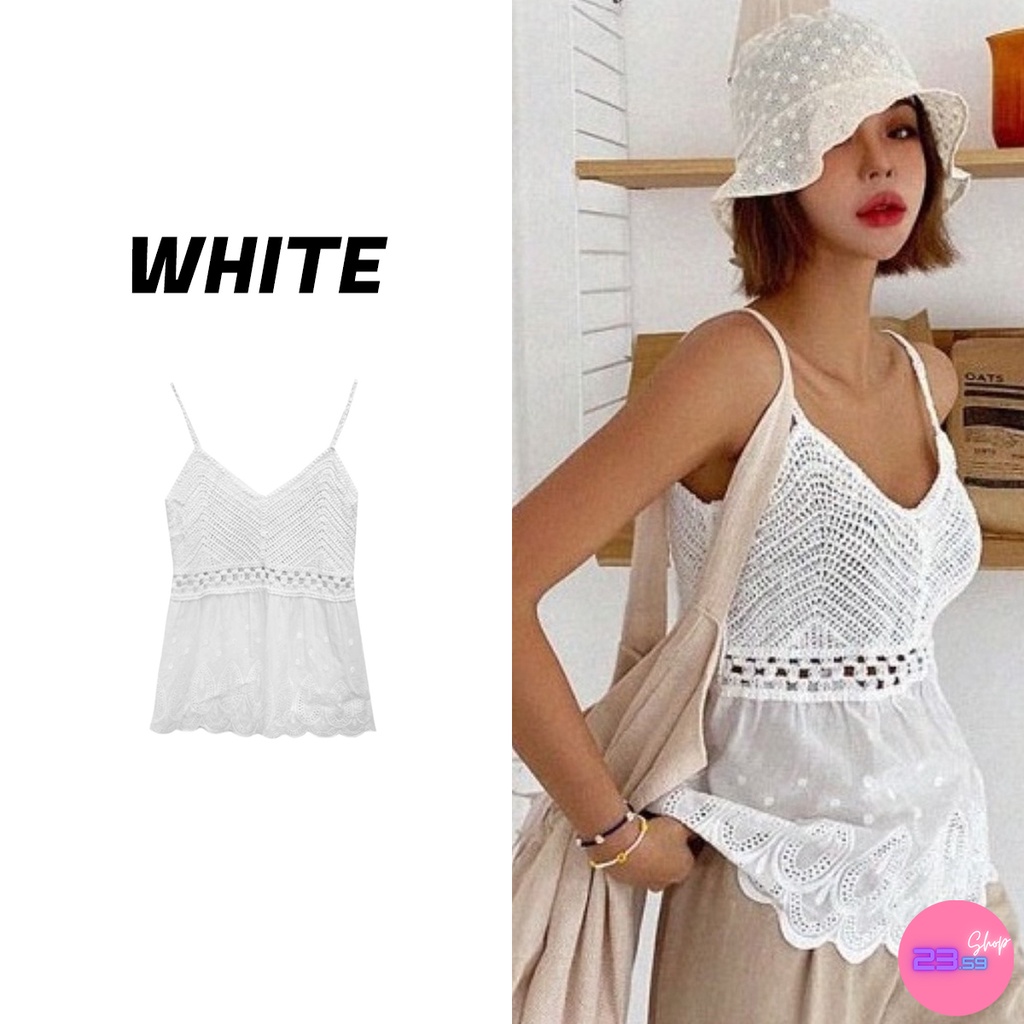 sale80-เสื้อสายเดี่ยวคอวีไหมพรมถักชายฉลุลายใบไม้-ทรงตัวยาว