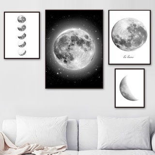 โปสเตอร์ภาพวาดผ้าใบ รูปดวงจันทร์ ดาวเคราะห์ ดวงจันทร์ สีดํา สีขาว สไตล์นอร์ดิก สําหรับตกแต่งผนัง ห้องนั่งเล่น