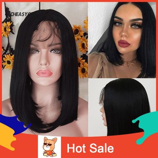 ♤CH Women Lace Front Bob Natural Straight Heat Resistant Synthetic Wig Hairpiece