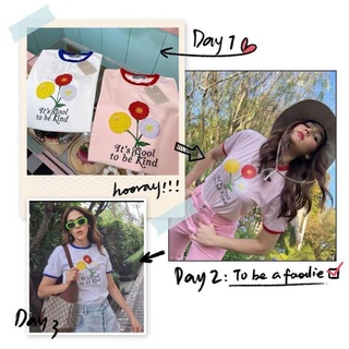 เสื้อยืดสีขมพู งานสกรีน ดอกไม้น่ารัก พร้อมส่งในไทย