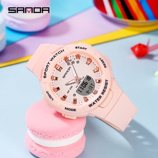 สินค้า Sanda นาฬิกาข้อมือผู้หญิงกันน้ำหรูหราแฟชั่นดิจิตอลมัลติฟังก์ชั่นโครโนกราฟส่องสว่างนาฬิกาผู้หญิง