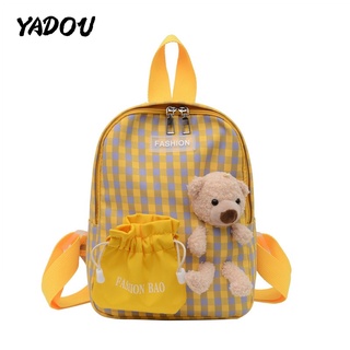 YADOUกระเป๋าเป้หมีลายการ์ตูนน่ารักสำหรับเด็ก กระเป๋านักเรียนอนุบาลลายสก๊อตเกาหลีกระเป๋านักเรียนกันน้ำ