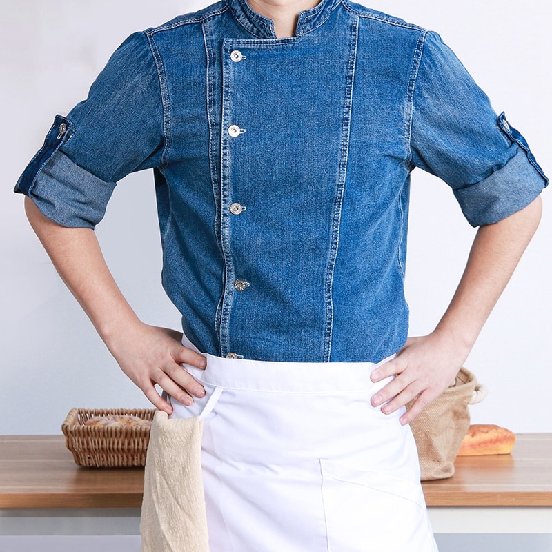 ภาพหน้าปกสินค้าแจ็คเก็ตเชฟยีนส์สีน้ำเงินกลาง ร้านอาหาร Catering ชุดเชฟ บริการอาหาร เสื้อพ่อครัว เสื้อทำงานครัว