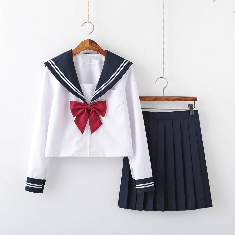 ชุดนักเรียนญี่ปุ่น-เสื้อผ้าเซเลอร์ญี่ปุ่นหญิง-jk-เครื่องแบบนักเรียนสีขาวสามสีขาวสองชั้นความยาวความยาวแขนสั้นกระโปรงวิทย