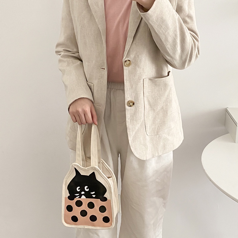 กระเป๋าถือ-ผ้าแคนวาส-ลายแมวน้อยน่ารัก-สีดํา-สําหรับผู้หญิง