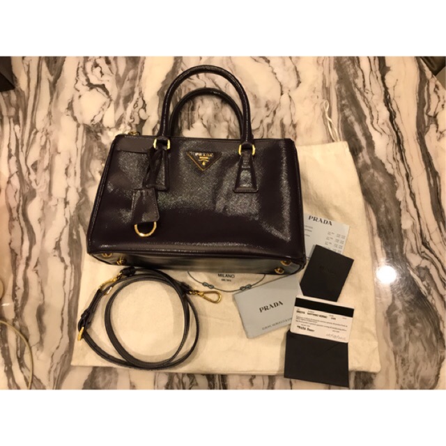 PRADA SAFFIANO VERNIC UVA SIZE 25 DOUBLE ZIP WITH STRAP