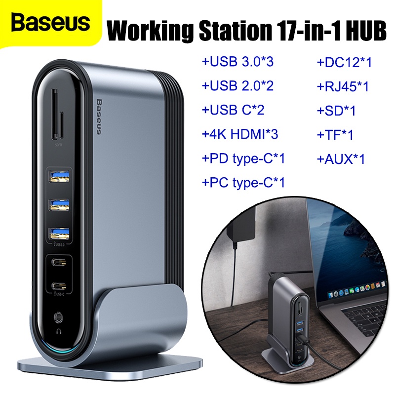 ภาพหน้าปกสินค้าBaseus USB Converter 17-in-1 C HUB Type C to Multi HDMI USB 3.0 with Power Adapter Docking Station for MacBook Pro RJ45 OTG USB Ports USB HUB