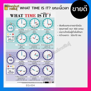 โปสเตอร์กระดาษ โปสเตอร์หัดอ่าน what time is it? ขณะนี้เวลา บอกเวลา ภาษาอังกฤษ / ภาษาไทย โปสเตอร์สื่อการเรียนรู้  EQ-034