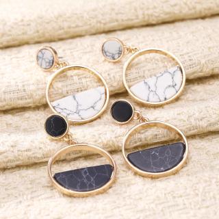 Handmade Fashion Simple Geometric Circular Stud Earrings Black White Marble Long Earrings Round Design Punk Ear Jewelry Brincos