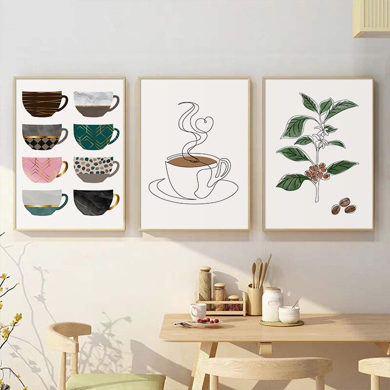 ภาพวาดผ้าใบโปสเตอร์รูปถ้วยกาแฟสไตล์นอร์ดิกมีสีสันสําหรับตกแต่งผนังห้องครัวคาเฟ่