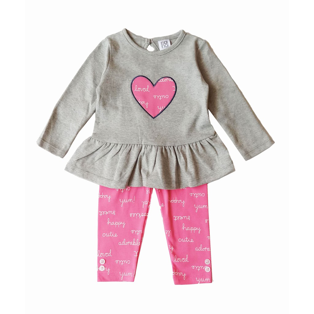 ชุดเด็กผู้หญิงลายรูปหัวใจสีเทา-พร้อมกางเกงสีชมพู