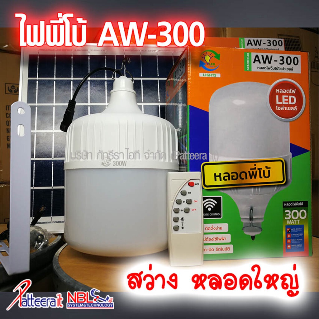 ภาพหน้าปกสินค้าโคมไฟตุ้ม ไฟพี่โบ้ โซล่าเซลล์ รุ่น AW-300 สว่าง กันน้ำ กันฝน เปิด-ปิด อัตโนมัติ ชาร์จไฟจากแดด 100%