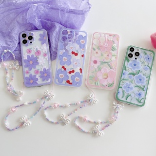 เคสโทรศัพท์มือถือ ซิลิโคน ลายดอกไม้ พร้อมสายโซ่คล้อง ประดับมุก สําหรับ Samsung Galaxy A22 A57 A71 A50s A50 A30 A20 A30s A20s A11 A10 A10s A11 M10 M11