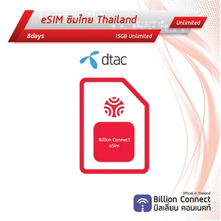 eSIM Thailand  Sim Card 15GB Unlimited DTAC : ซิมไทย เน็ตไม่อั้น 8วัน ซิมต่างประเทศ Billion Connect