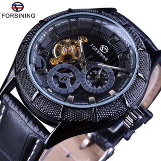 Forsining 2017 Fashion Tourbillion Design Full Black Steampunk Mens Watch Top Brand Automatic Wrist Watch Genuine Leathe