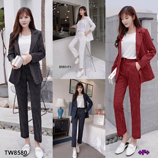 สินค้า TW8580 Set 2 ชิ้น เสื้อปกสูทแขนยาว ลายริ้ว+กางเกงขายาว ทรงกระบอกเล็ก **สอบถามก่อนสั่งซื้อ**