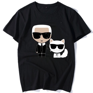 Karl Lagerfeld เสื้อยืดลําลองแฟชั่นใหม่สําหรับผู้ชายผ้าฝ้ายแขนสั้นสีดํา