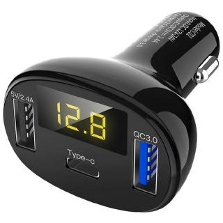 ที่ชาร์จแบตในรถ 30W QC 3.0 Quick Charge 3 USB Type C Port Fast Car Charger LED Voltmeter Black