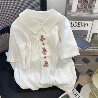เสื้อเชิ้ตแขนสั้น คอตุ๊กตา ทรงหลวม ลายหมีน้อย สไตล์ญี่ปุ่น เรโทร แฟชั่นฤดูร้อน สําหรับผู้หญิง