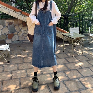 Many Jeans Dress Overall เอี๊ยมกระโปรงยีนส์แบบยาว