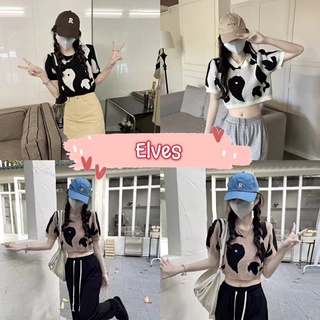 Elves✨พร้อมส่ง✨ เสื้อครอปไหมพรมแขนสั้น น่ารักผ้านิ่มใส่สบายคิ้วๆ ~86043~