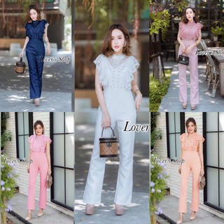 PE10969 Jumpsuit จั้มสูทลูกไม้ระบายคอปีน ตัดเย็บช่วงกางเกงสีพื้นผ้าซาร่า มีซิปหลัง