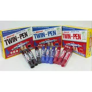 ปากกาเคมี ตราม้า ชนิด 2 หัว ลบไม่ได้ รุ่น TWIN-PEN ปากกามาร์คเกอร์ Marker Pen หมึกกันน้ำ