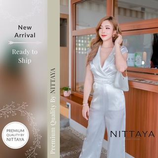 Nittaya จั้มสูทยาวแขนกุด คอวีเเต่งปก มีสายเข็มขัดติดกับชุด