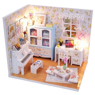 firstbuy_บ้านตุ๊กตา DIY Hemiolas Room ห้องนั่งเล่น พร้อมเปียโนสีขาว แสนน่ารัก