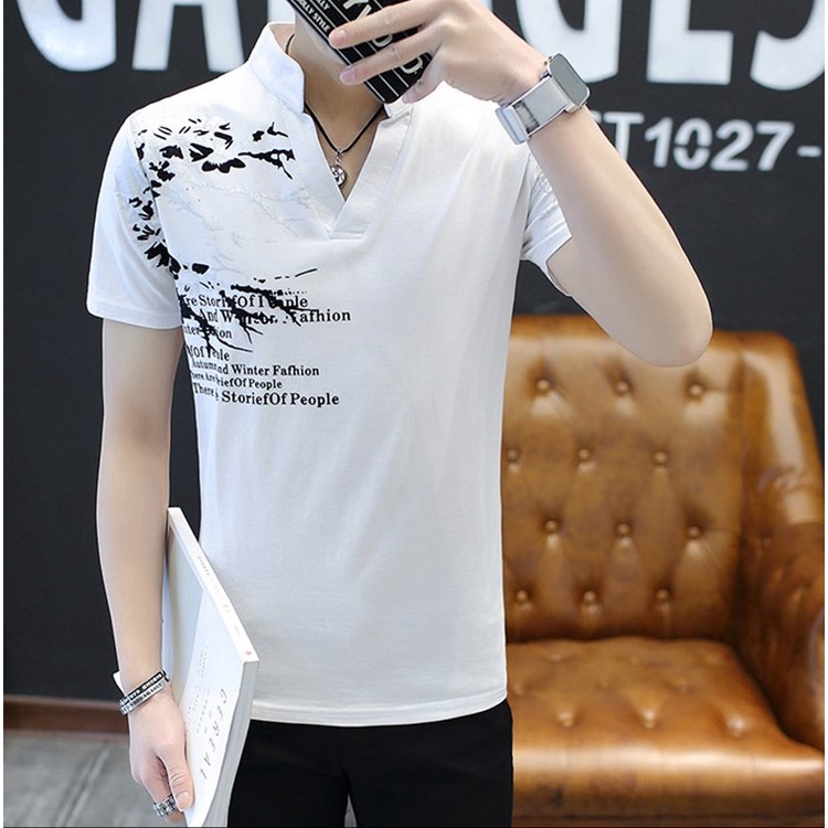 เสื้อยืดแขนสั้นคอจีน-สไตล์เกาหลี-รหัส-v002-สีขาว