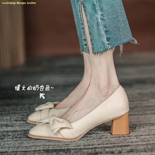 คะนอง👻ดอกไม้ยาวคู่เล็ก 2021 ใหม่โบว์รองเท้าผู้หญิงส้นสูงส้นหนารองเท้าทุกตรงปากตื้นผู้หญิง