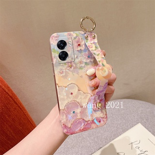 New Phone Case เคส OPPO A77 5G A96 A76 A95 A74 A55 A16 4G Casing with Wristband Stand Fashion Shiny Luxurious Rhinestone Flowers All Lens Protective Soft Back Cover เคสโทรศัพท์