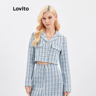 ภาพขนาดย่อของสินค้าLovito เสื้อแจ็กเก็ตครอป คอปก ผ้าทวีต สีฟ้าอ่อน L30AD025
