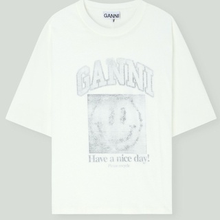 [100% Cotton] Ganni ใหม่ เสื้อยืดแขนสั้น ผ้าฝ้าย พิมพ์ลาย อเนกประสงค์ สําหรับผู้หญิง