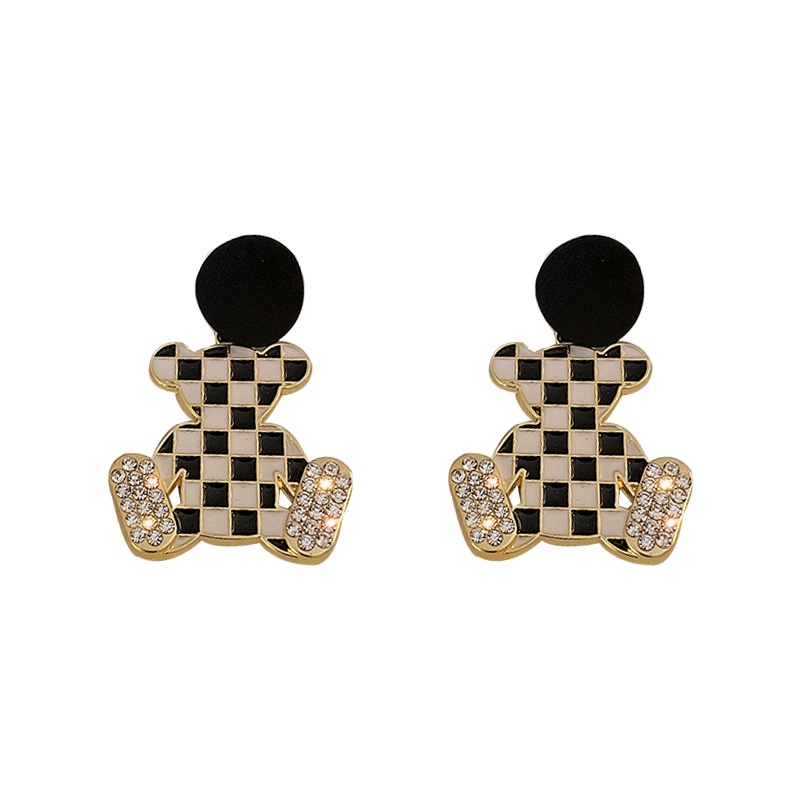 925-silver-needle-leather-diamond-checkerboard-bear-earrings-japanese-and-korean-style-cute-earrings-soft-girl-personali